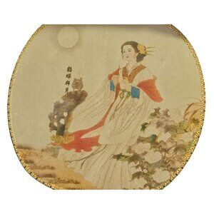 Vintage Fan Silk Hand-Painted Japanese Round Bamboo Handle & Moonlit Lady Design